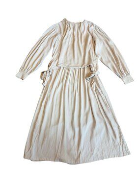 Ninety Percent Beige Midi Dress Long Sleeve Tie Waist Apron Front Small Women's